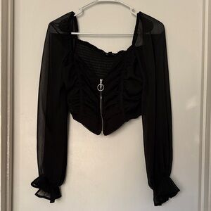 Papaya Black Ruched Blouse with Sheer Sleeves